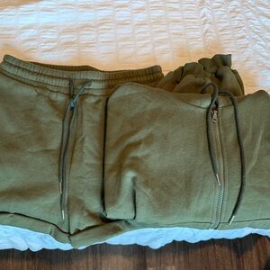Olive Green zip up sweatshirt and shorts set